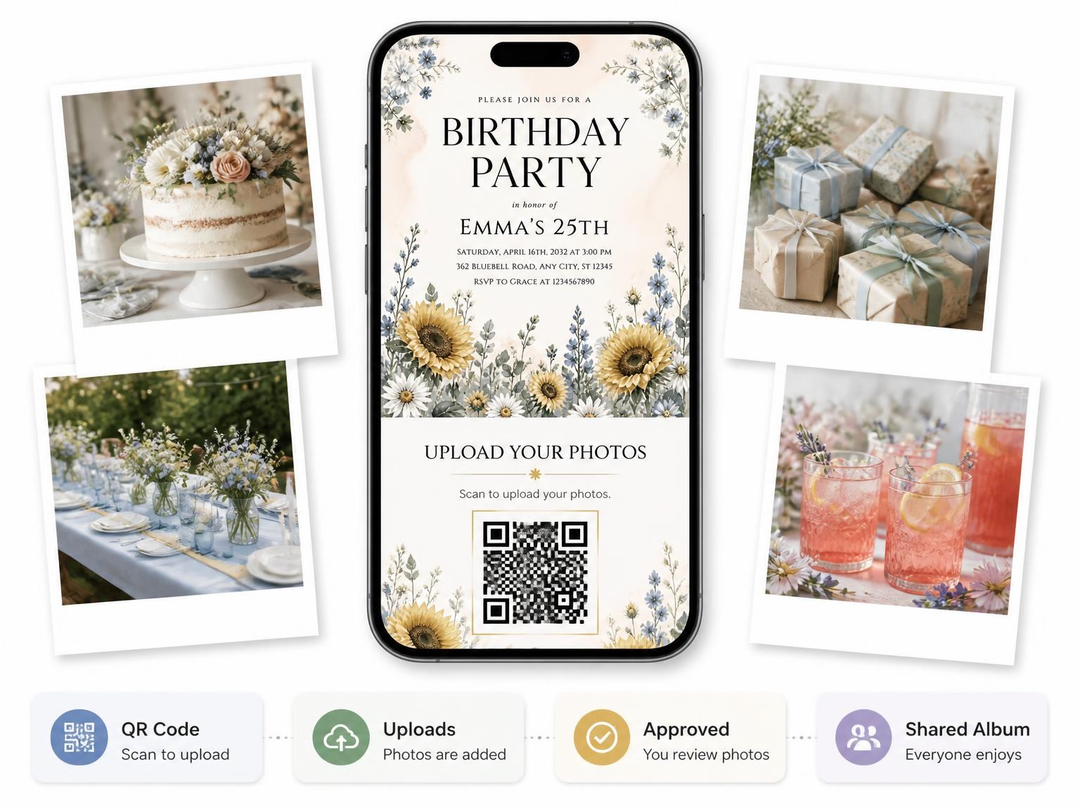 The shared photo gallery that comes with the Floral Sprigs Dusty Blue 25th Birthday Invitation invitation