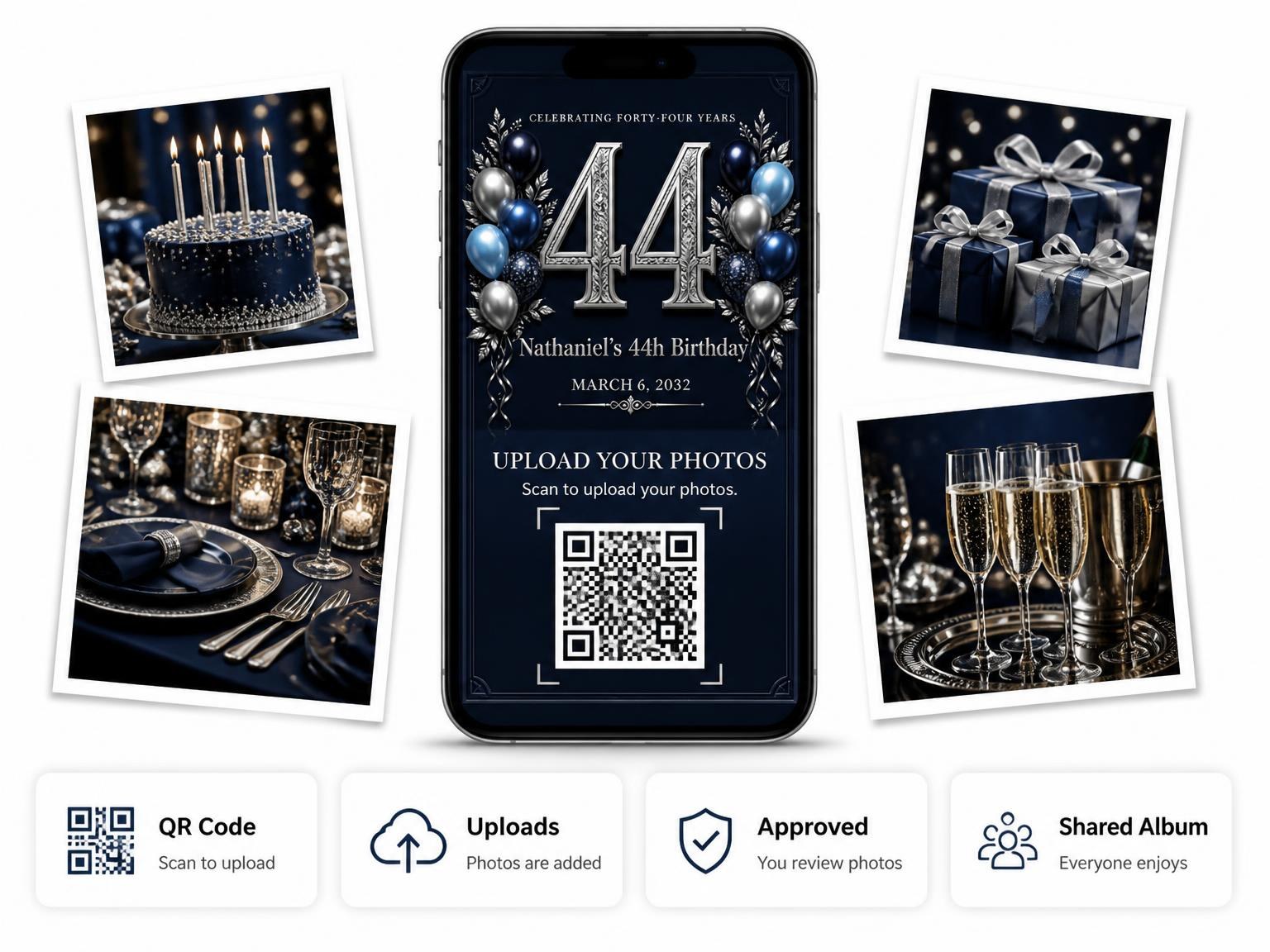 The shared photo gallery that comes with the Navy and Silver 44th Birthday Invitation invitation