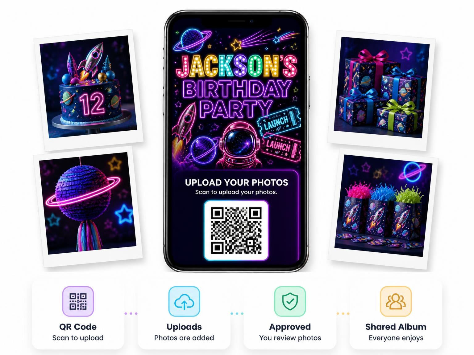 The shared photo gallery that comes with the Neon Space 12th Birthday Invitation invitation