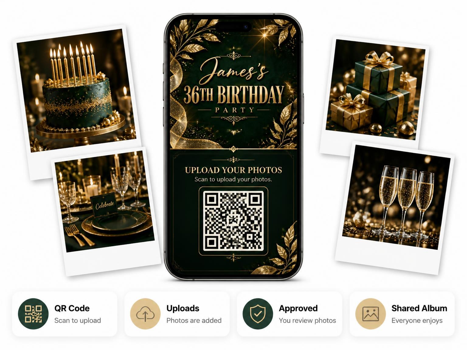 The shared photo gallery that comes with the Emerald and Champagne 36th Birthday Invitation invitation