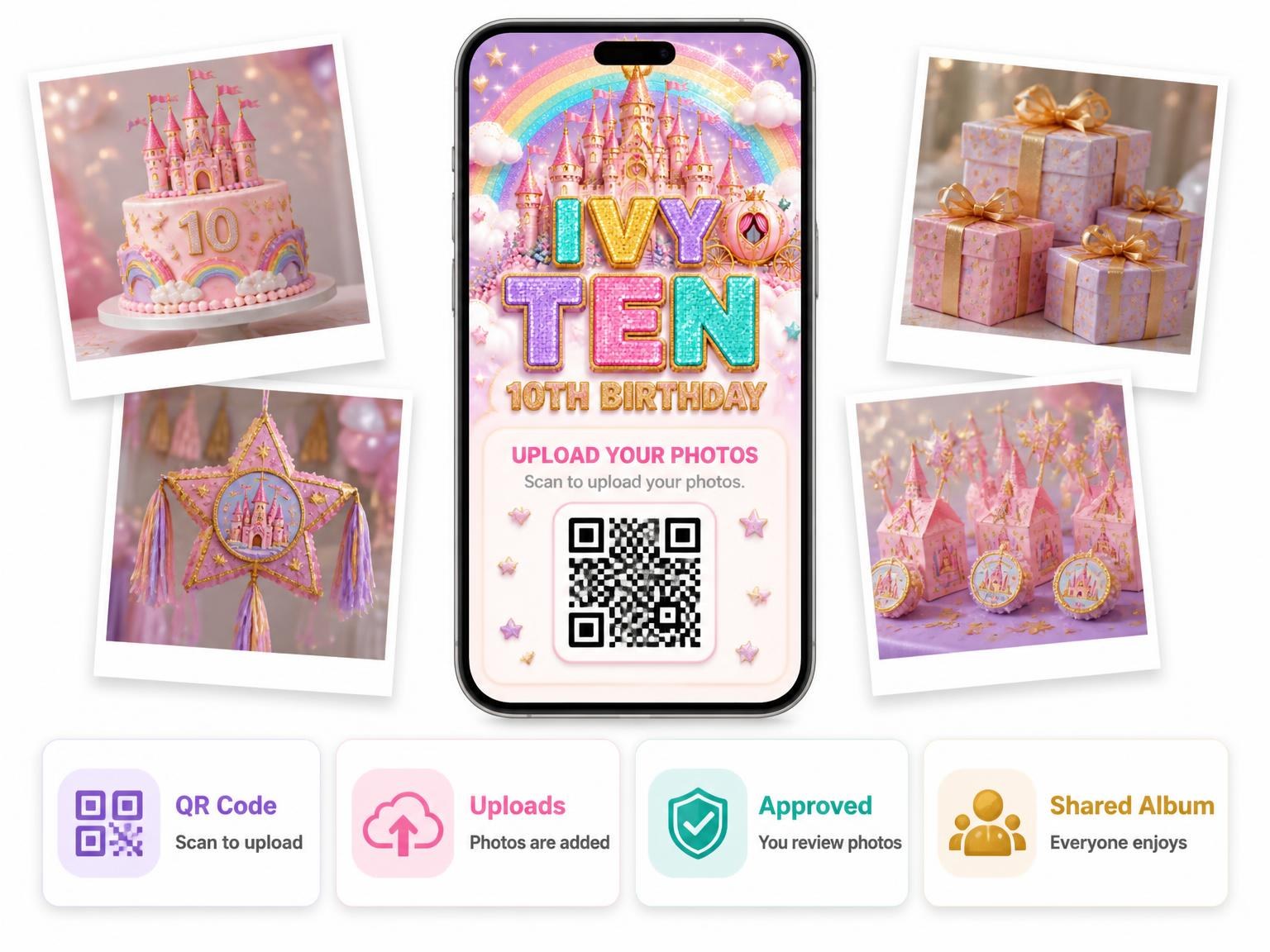 The shared photo gallery that comes with the Glitter Castle 10th Birthday Invitation invitation