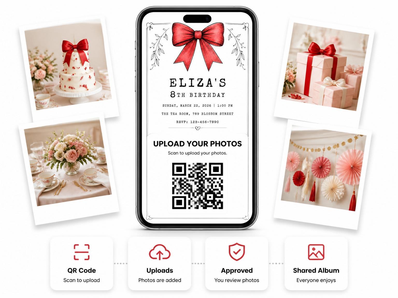 The shared photo gallery that comes with the Red Watercolor Bow 8th Birthday Invitation invitation
