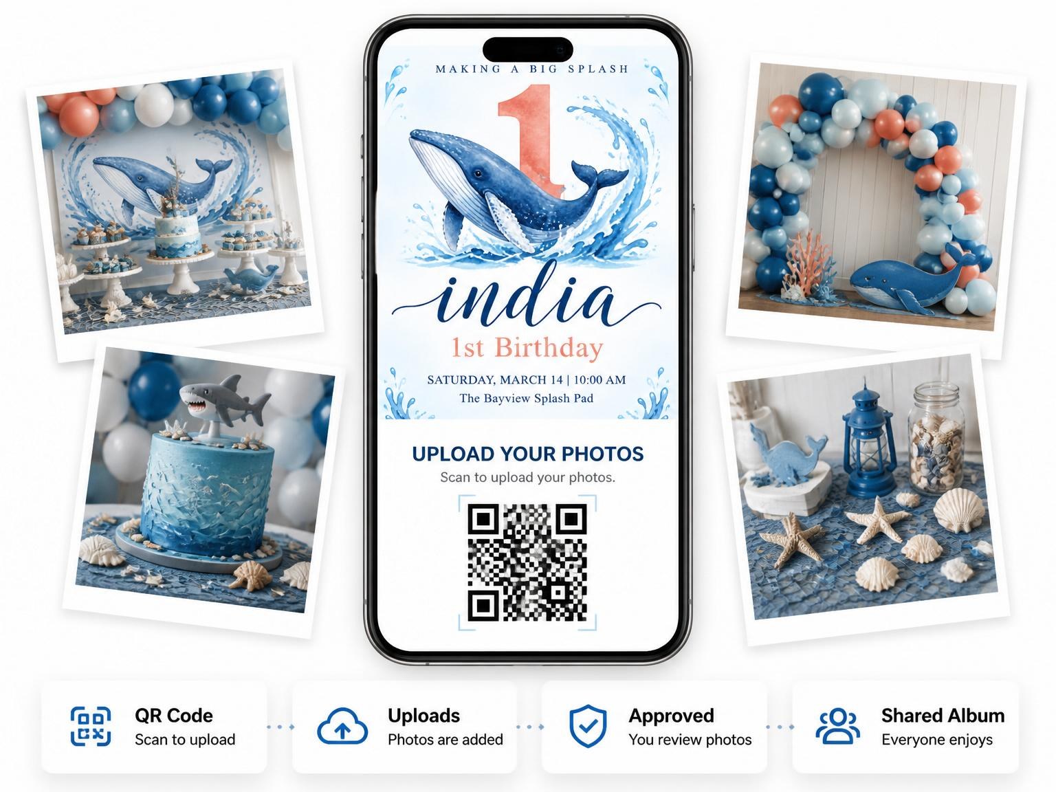 The shared photo gallery that comes with the Watercolor Whale 1st Birthday Invitation invitation
