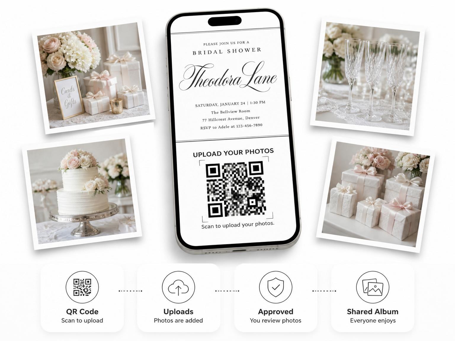 The shared photo gallery that comes with the Minimalist Black and White Bridal Shower invitation