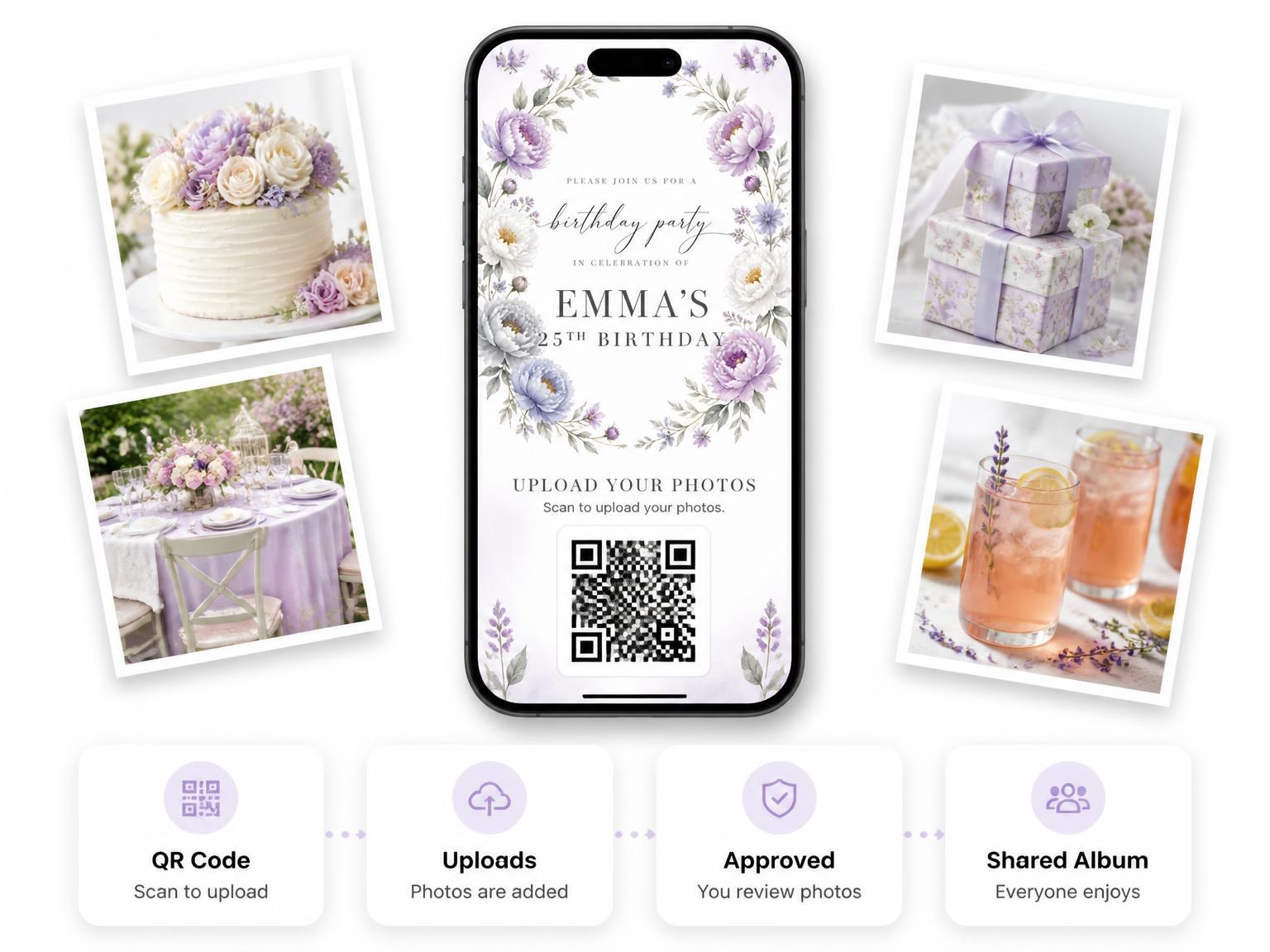 The shared photo gallery that comes with the Botanical Garden Lavender 25th Birthday Invitation invitation