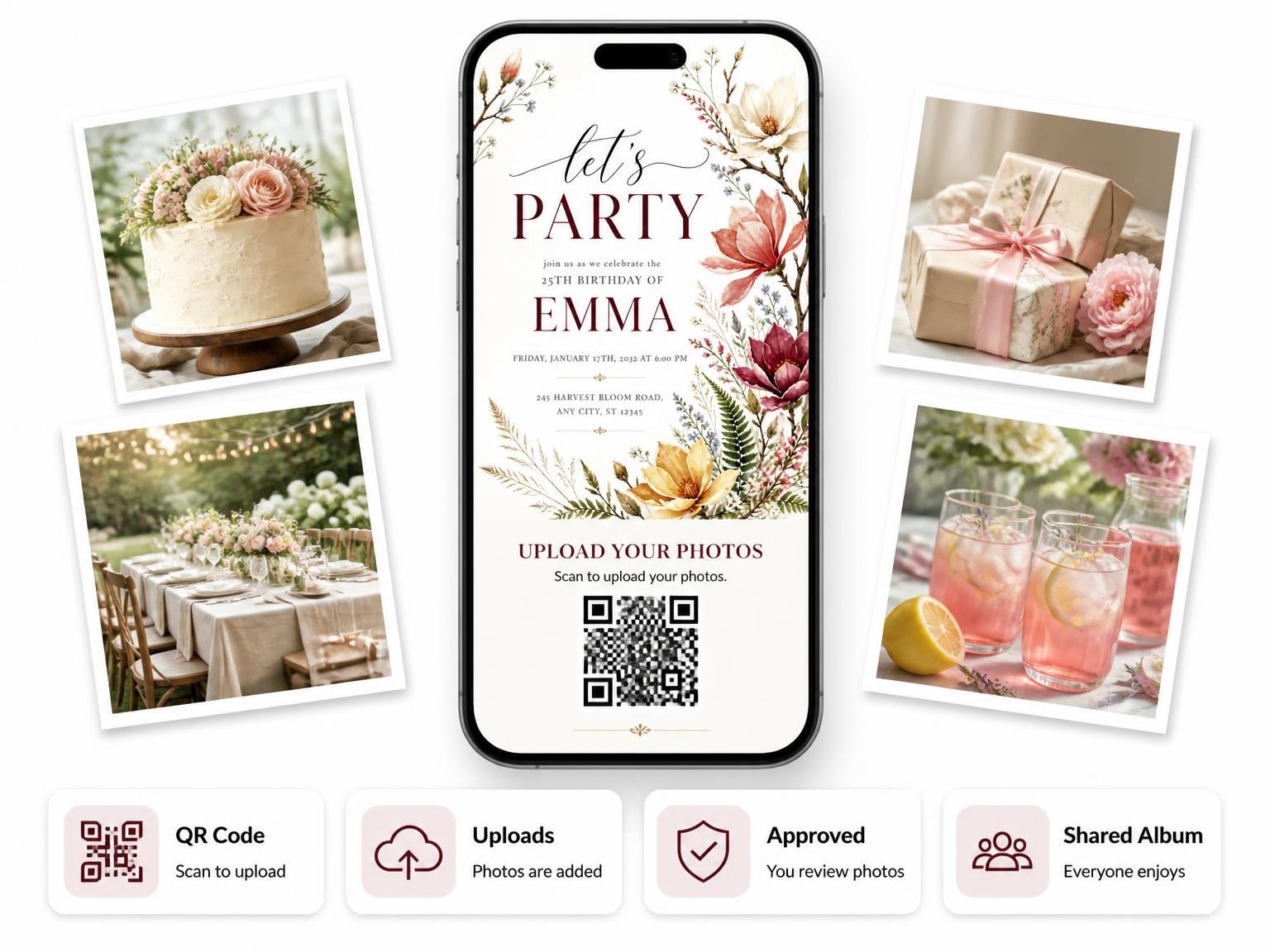 The shared photo gallery that comes with the Magnolia Branch Golden 25th Birthday Invitation invitation