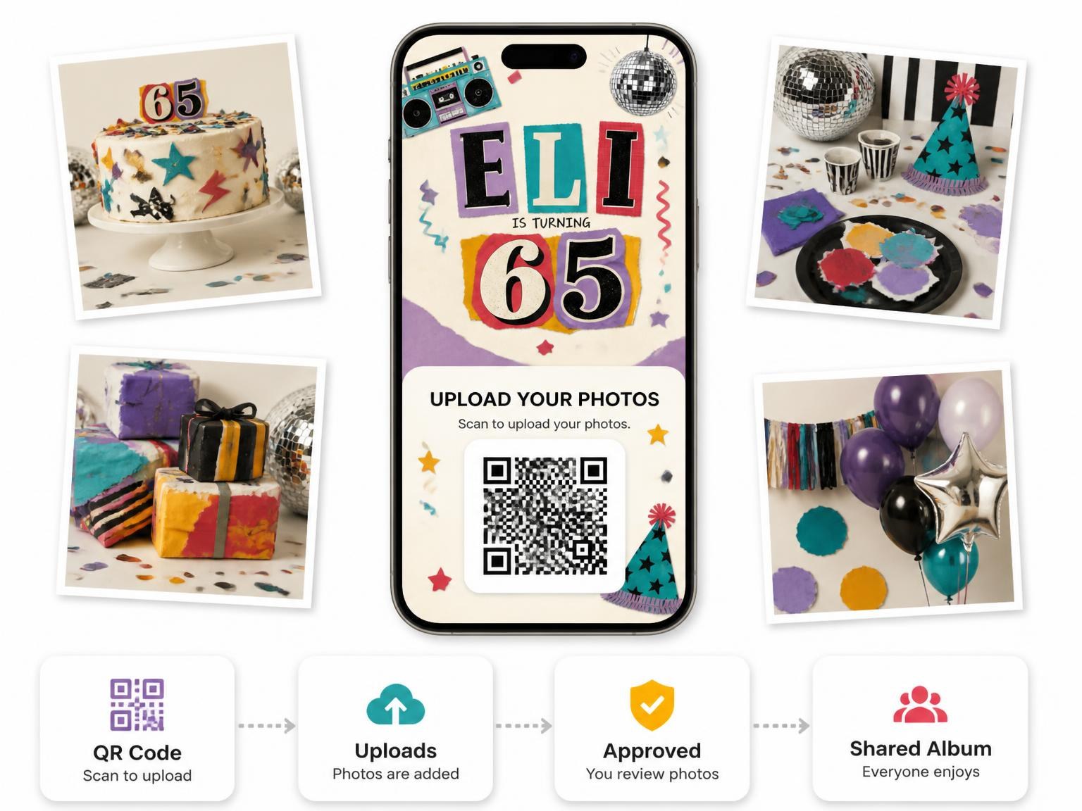 The shared photo gallery that comes with the Retro Paper Collage 65th Birthday Invitation invitation