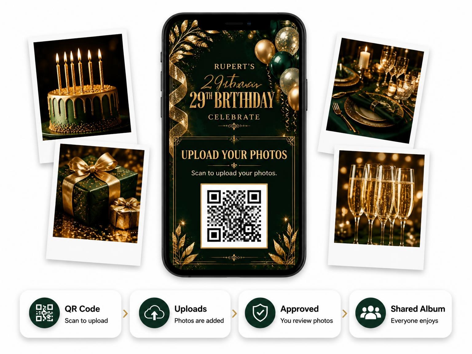 The shared photo gallery that comes with the Emerald and Champagne 29th Birthday Invitation invitation