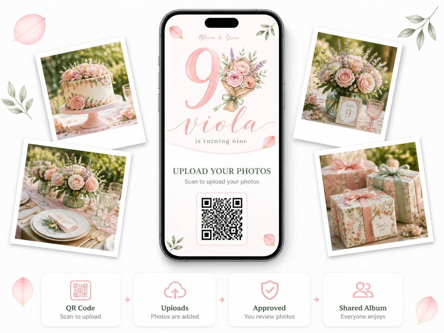 The shared photo gallery that comes with the Pink Watercolor Floral Ninth Birthday invitation