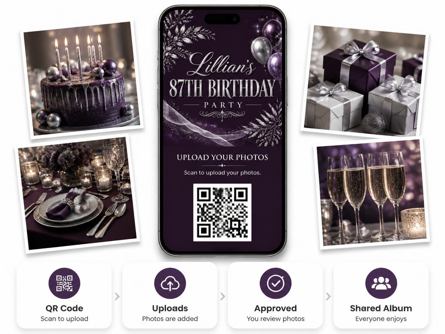 The shared photo gallery that comes with the Plum and Silver 87th Birthday Invitation invitation