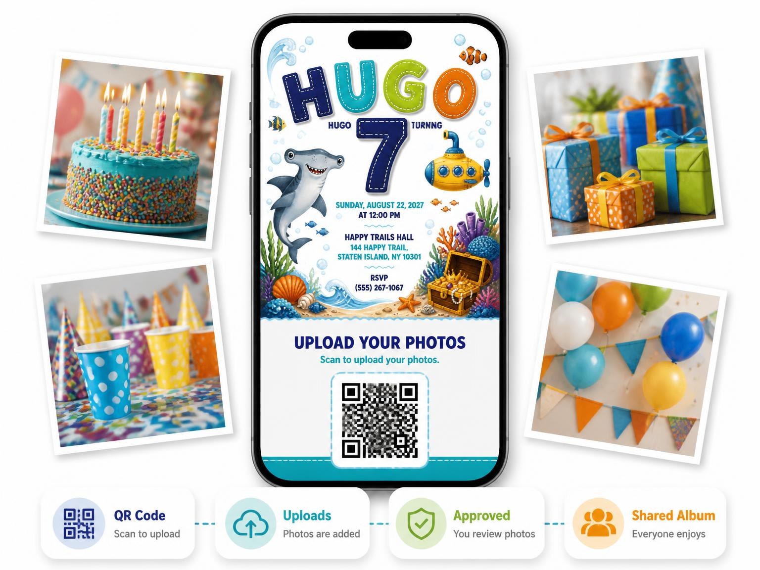 The shared photo gallery that comes with the Yellow Submarine 7th Birthday Invitation invitation