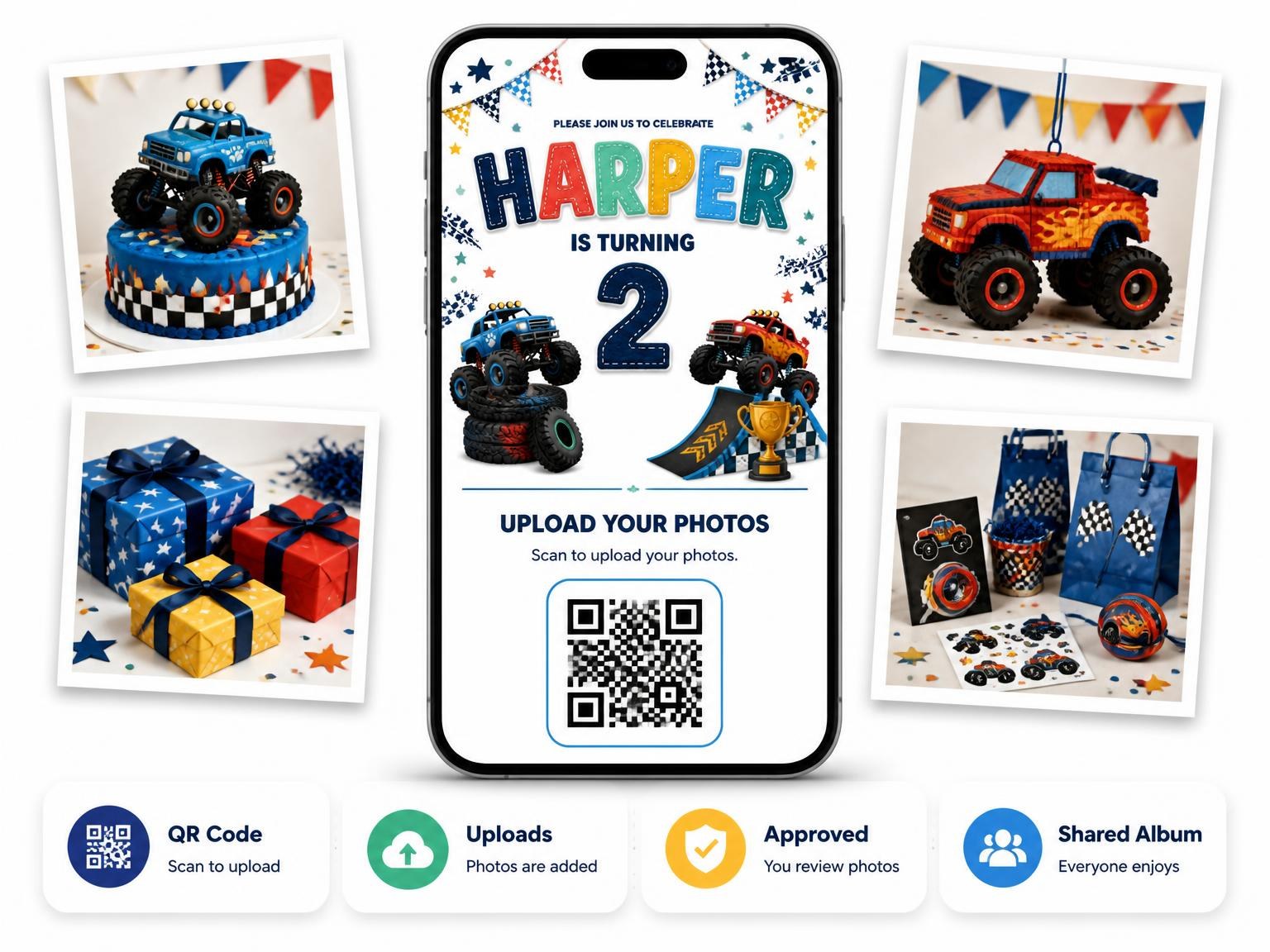The shared photo gallery that comes with the Stitched Monster Truck 2nd Birthday Invitation invitation