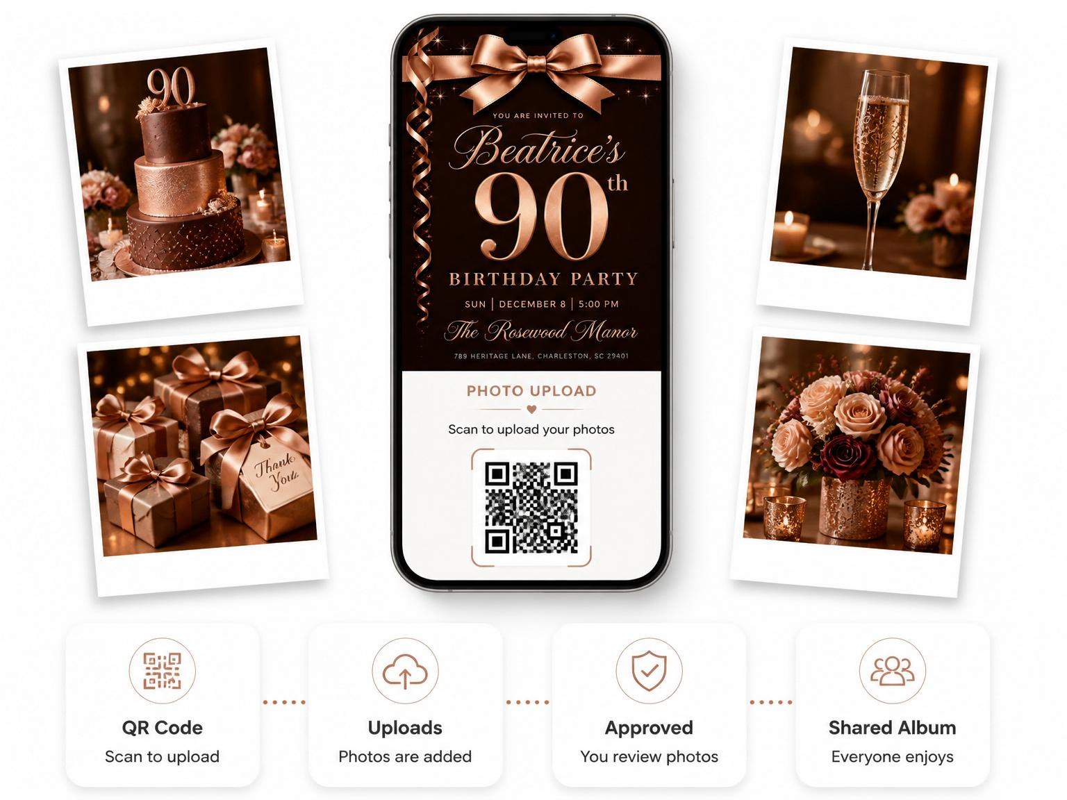 The shared photo gallery that comes with the Bronze Ribbon Metallic 90th Birthday invitation