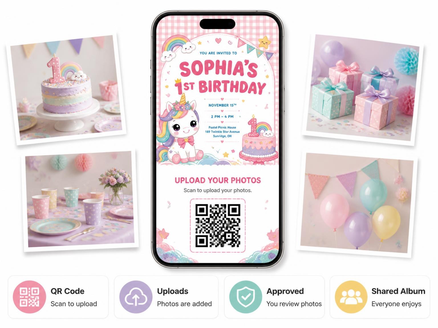 The shared photo gallery that comes with the Kawaii Rainbow Unicorn 1st Birthday Invitation invitation