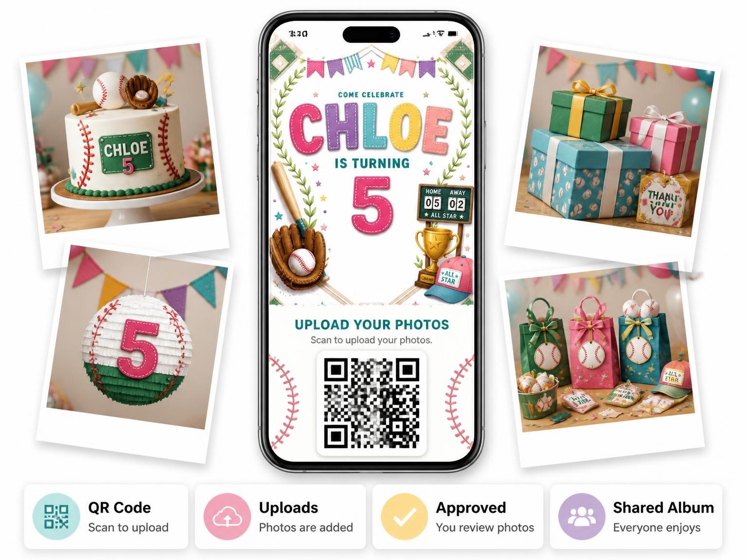 The shared photo gallery that comes with the Stitched Baseball 5th Birthday Invitation invitation