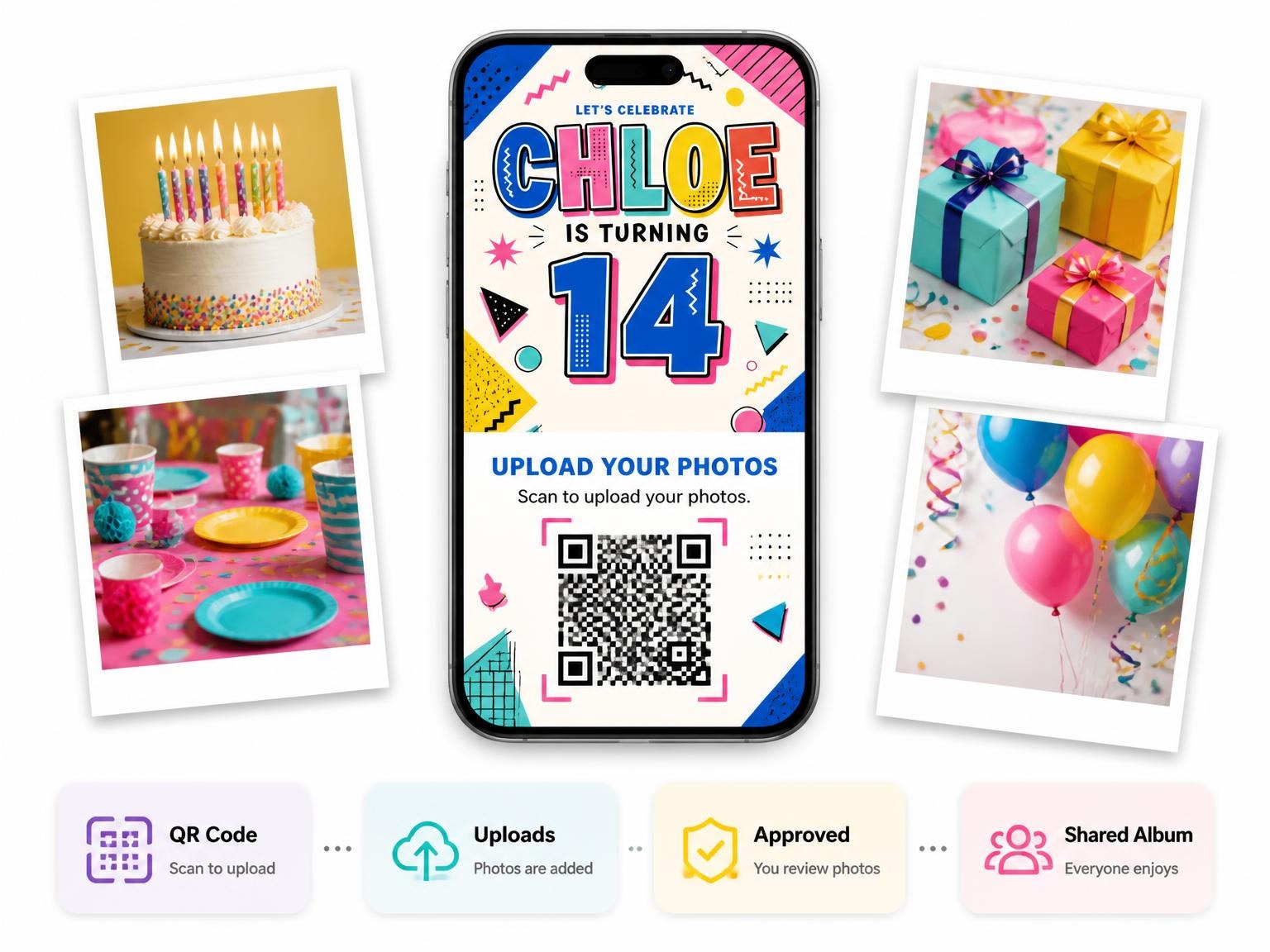 The shared photo gallery that comes with the Memphis Pop 14th Birthday Invitation invitation