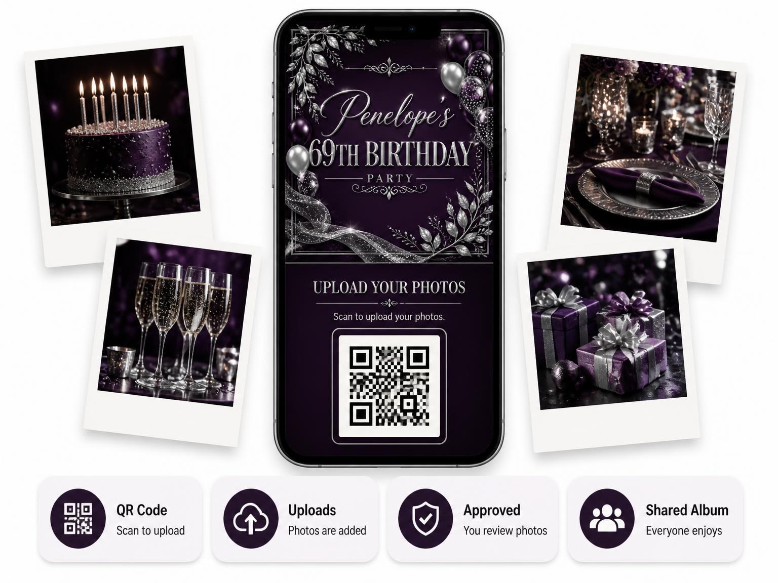 The shared photo gallery that comes with the Plum and Silver 69th Birthday Invitation invitation