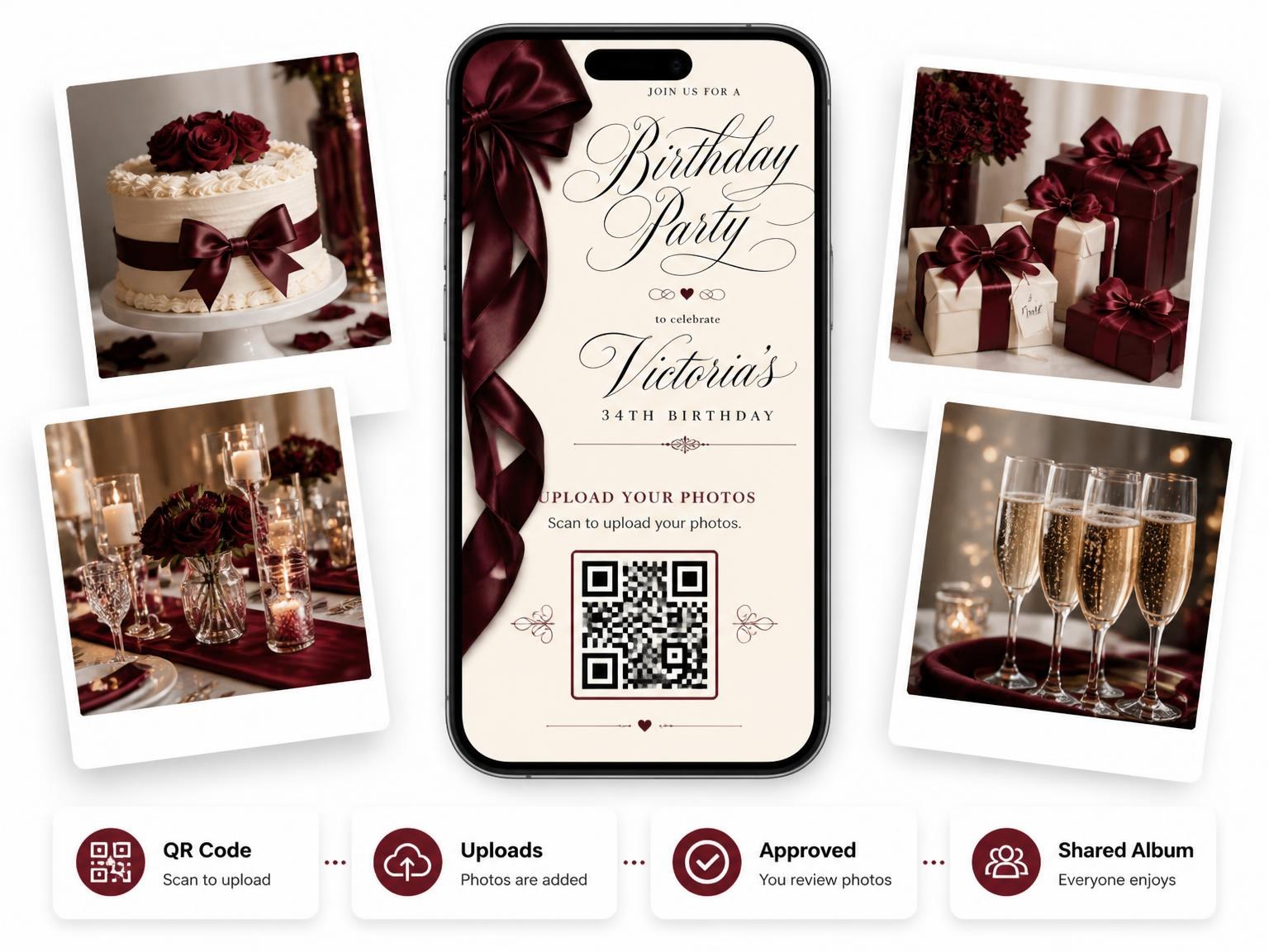 The shared photo gallery that comes with the Burgundy Satin Bow 34th Birthday Invitation invitation