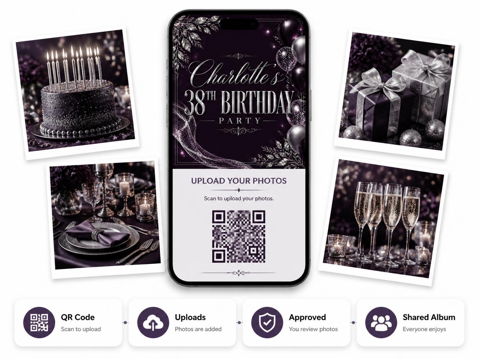 The shared photo gallery that comes with the Plum and Silver 38th Birthday Invitation invitation