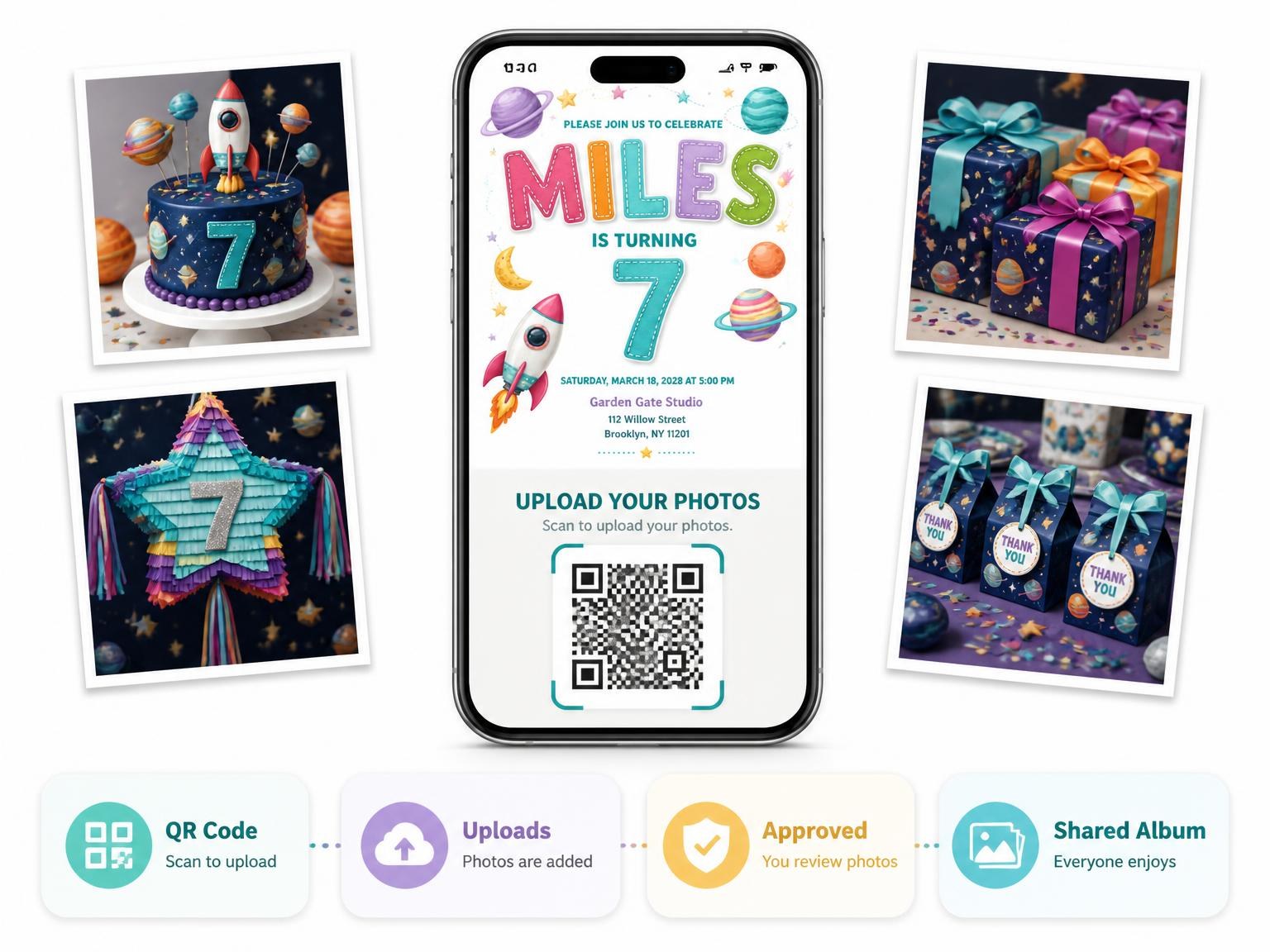 The shared photo gallery that comes with the Stitched Space 7th Birthday Invitation invitation
