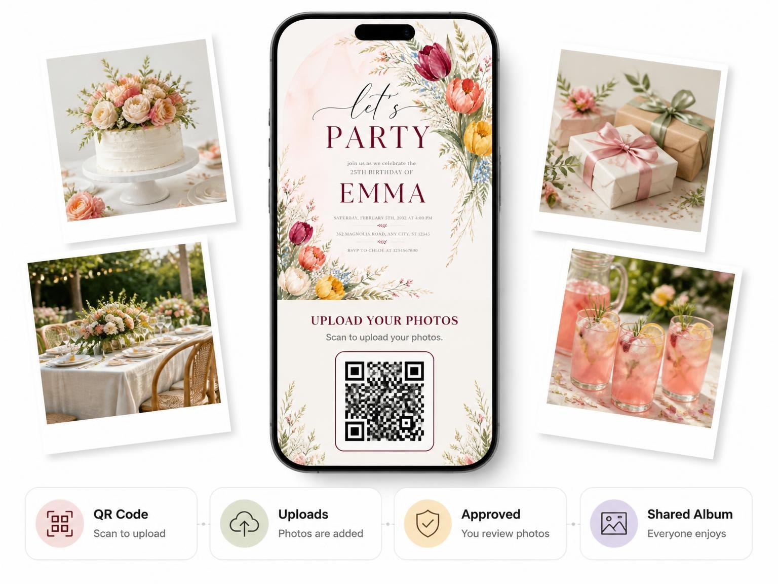 The shared photo gallery that comes with the Floral Golden 25th Birthday Invitation invitation
