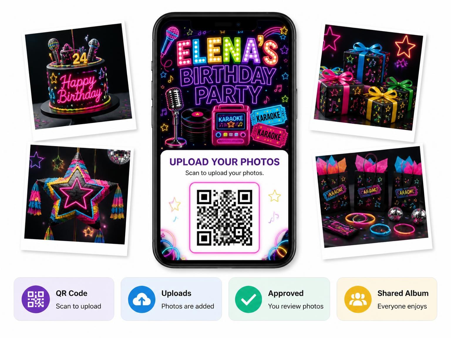 The shared photo gallery that comes with the Neon Karaoke 24th Birthday Invitation invitation