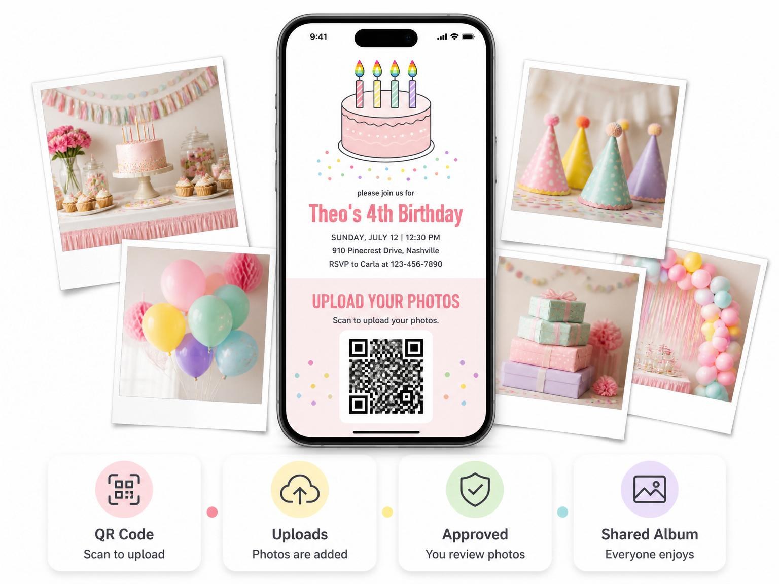 The shared photo gallery that comes with the Pink Cake Rainbow Candle 4th Birthday invitation