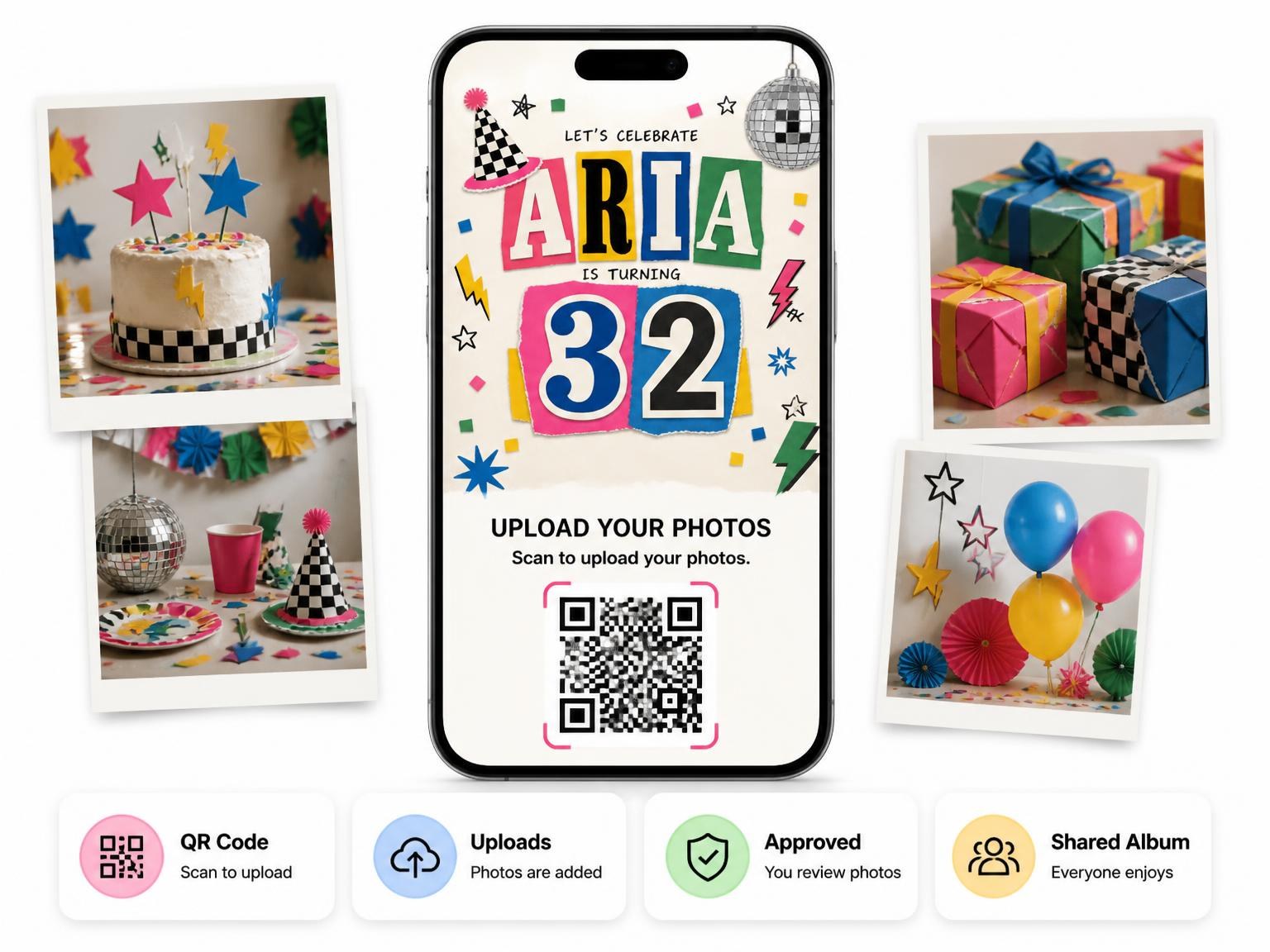 The shared photo gallery that comes with the Retro Paper Collage 32nd Birthday Invitation invitation