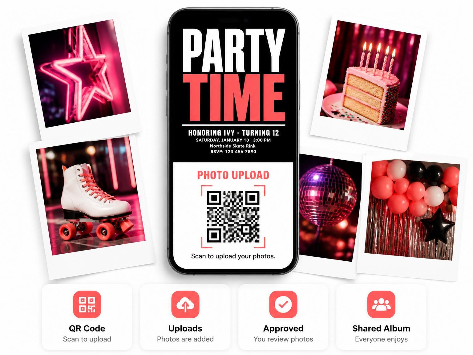 The shared photo gallery that comes with the Black and Coral 12th Birthday Invitation invitation
