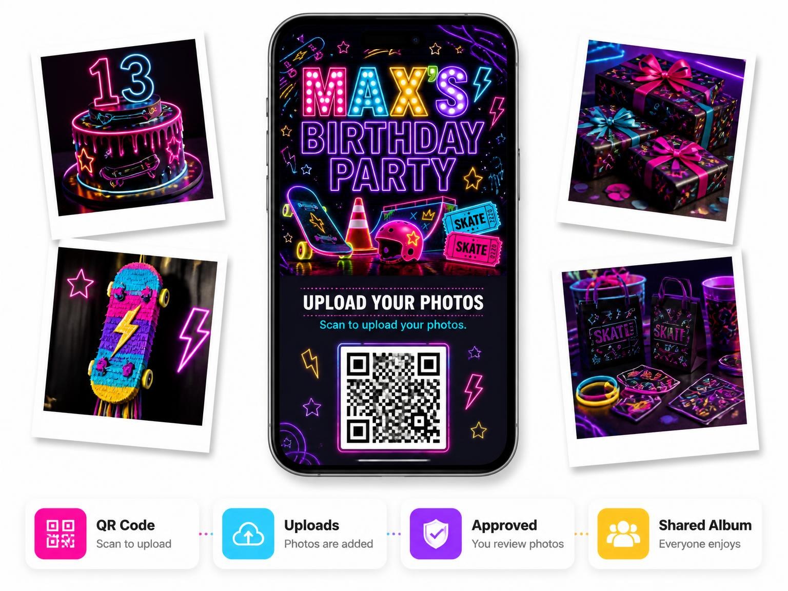 The shared photo gallery that comes with the Neon Skateboard 13th Birthday Invitation invitation