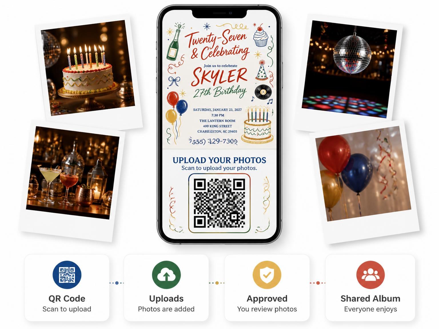 The shared photo gallery that comes with the Retro Doodle 27th Birthday Invitation invitation
