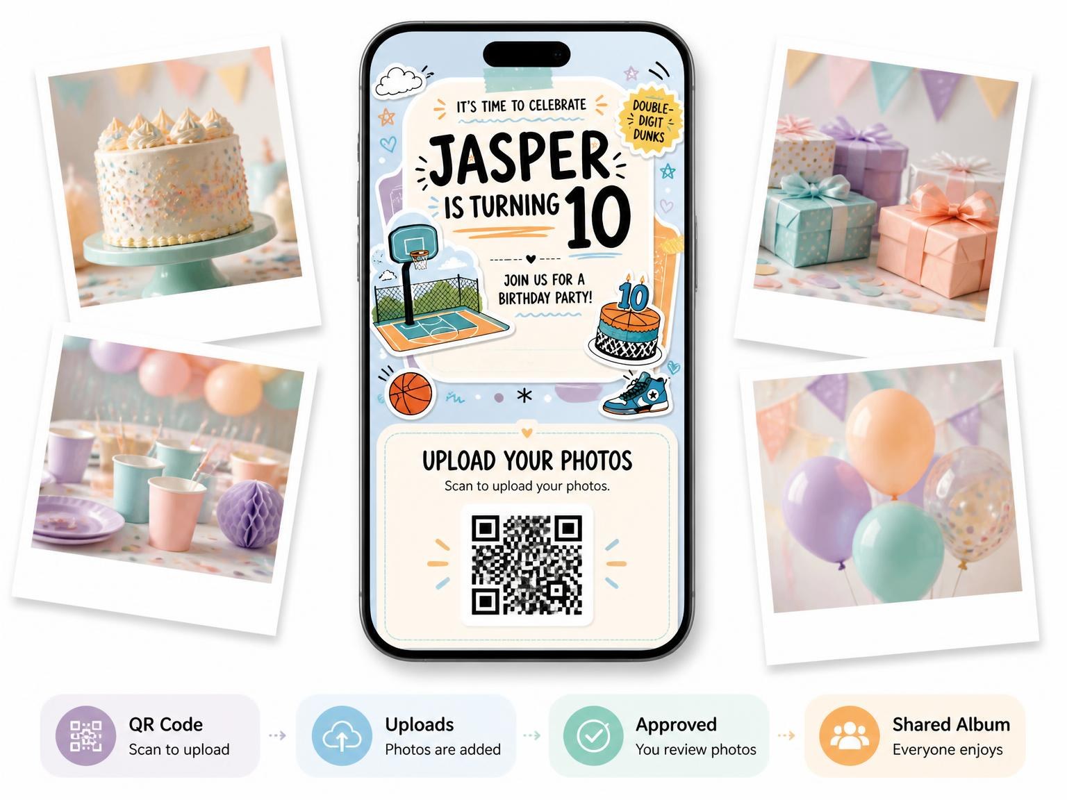 The shared photo gallery that comes with the Outdoor Court Pastel 10th Birthday Invitation invitation