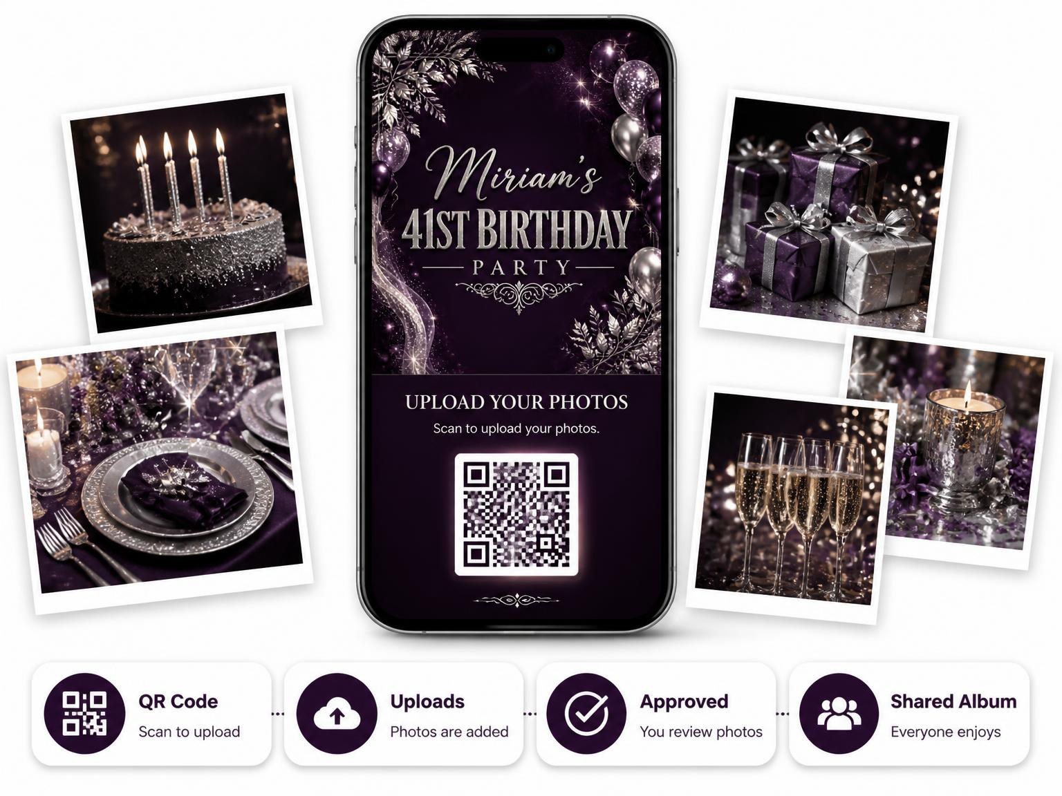The shared photo gallery that comes with the Plum and Silver 41st Birthday Invitation invitation