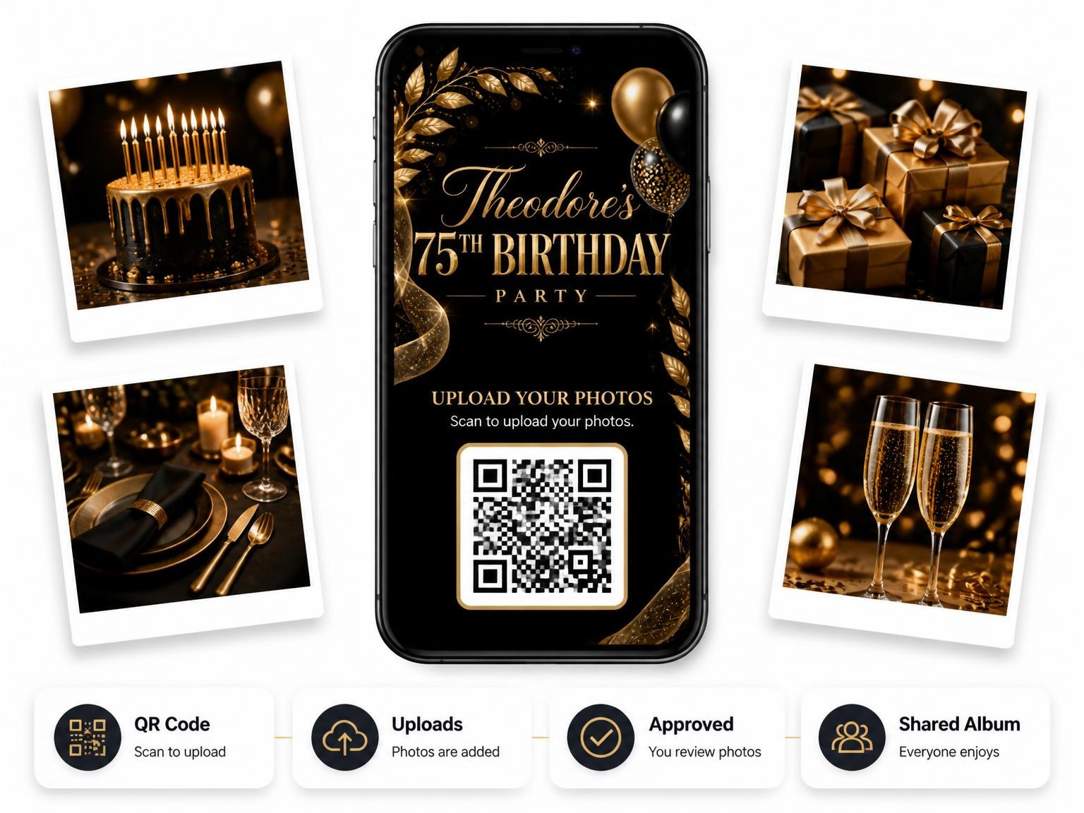The shared photo gallery that comes with the Black and Gold 75th Birthday Invitation invitation