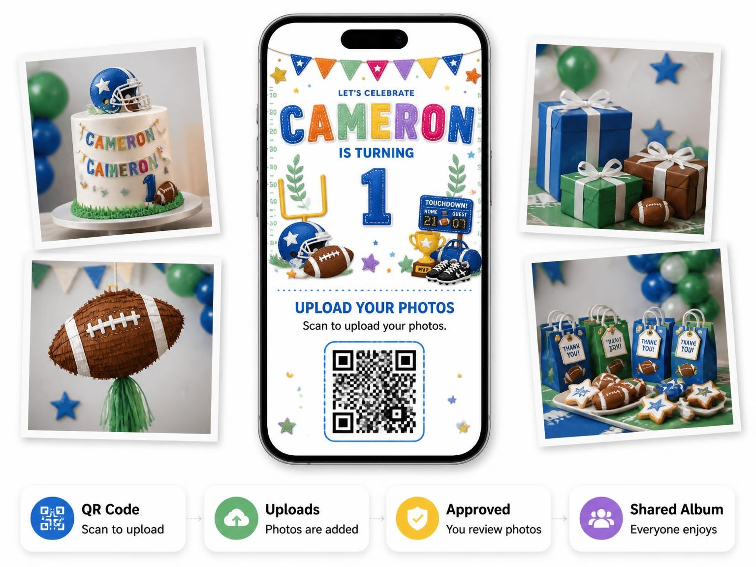 The shared photo gallery that comes with the Stitched Football 1st Birthday Invitation invitation