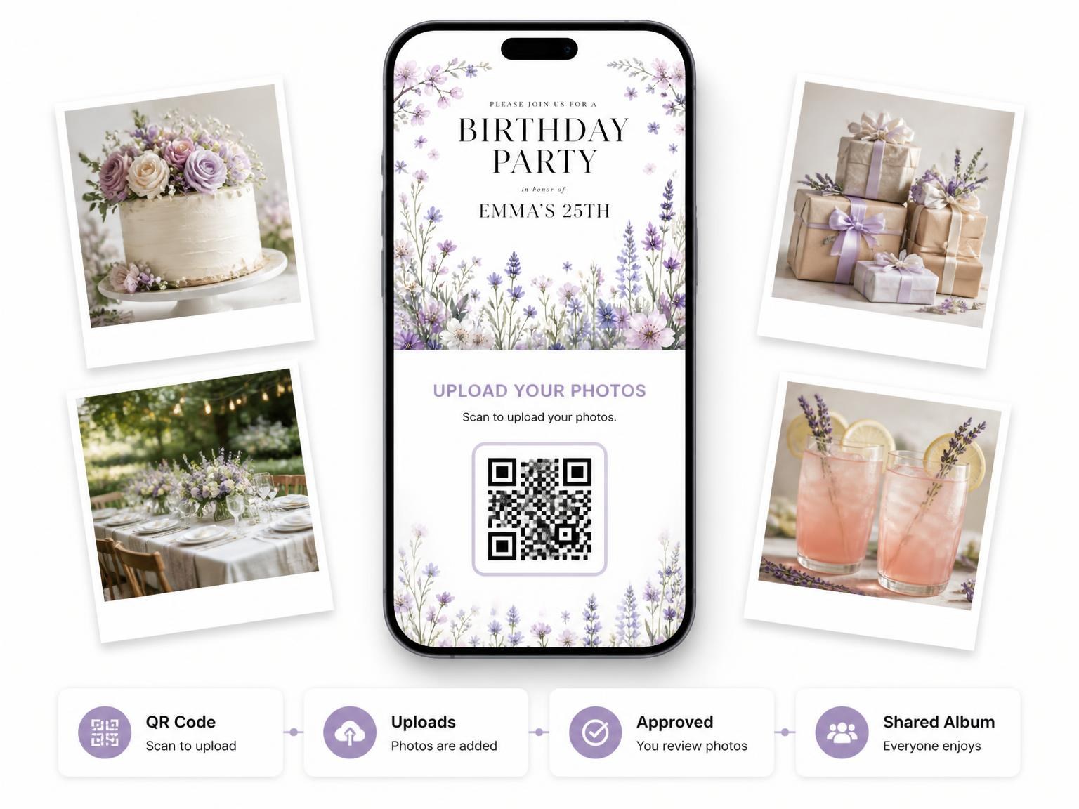 The shared photo gallery that comes with the Meadow Flowers Lavender 25th Birthday Invitation invitation