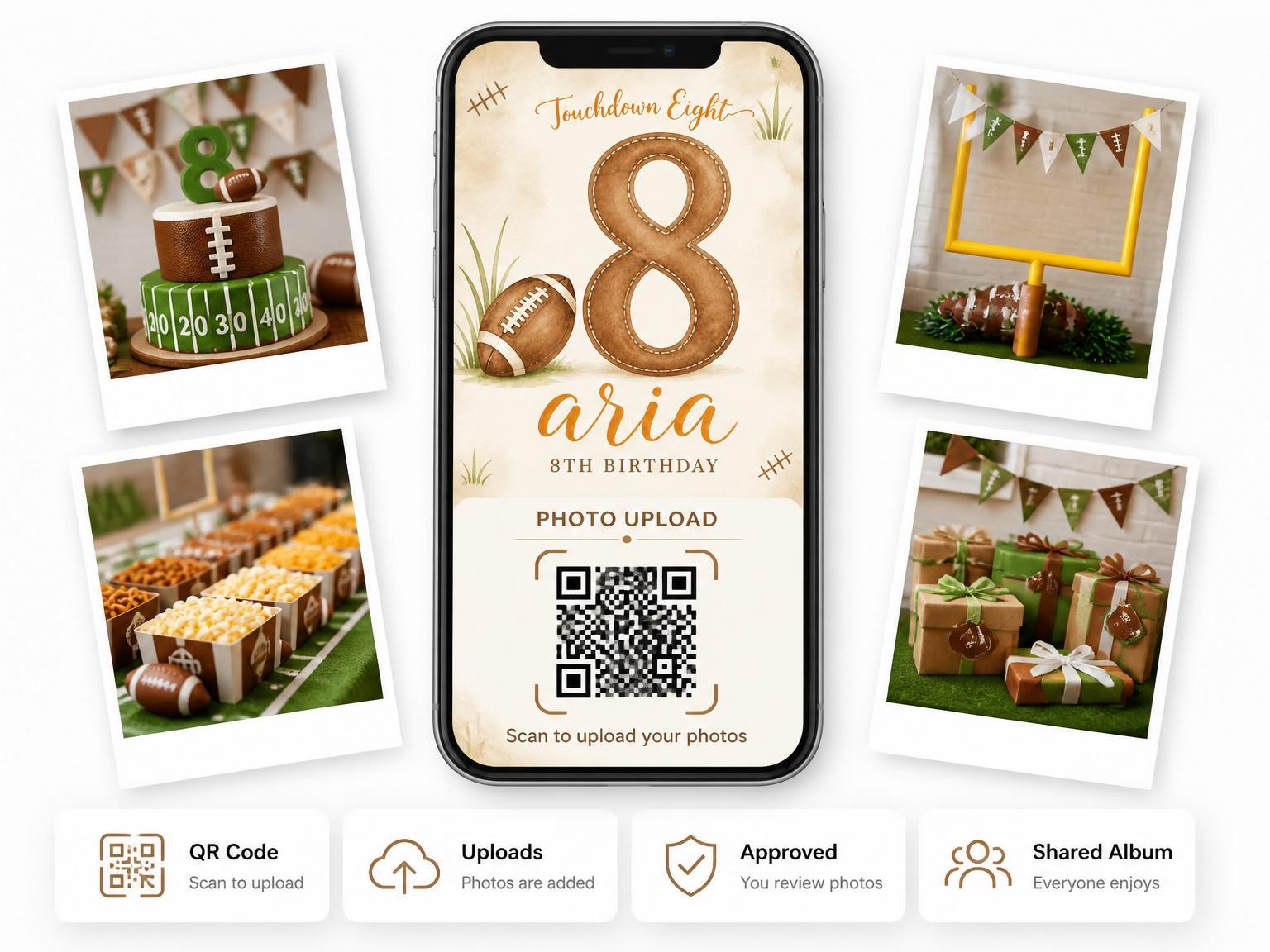 The shared photo gallery that comes with the Watercolor Football 8th Birthday Invitation invitation