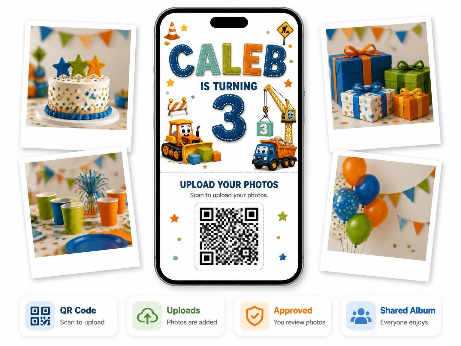 The shared photo gallery that comes with the Truck Crane Stitched 3rd Birthday Invitation invitation