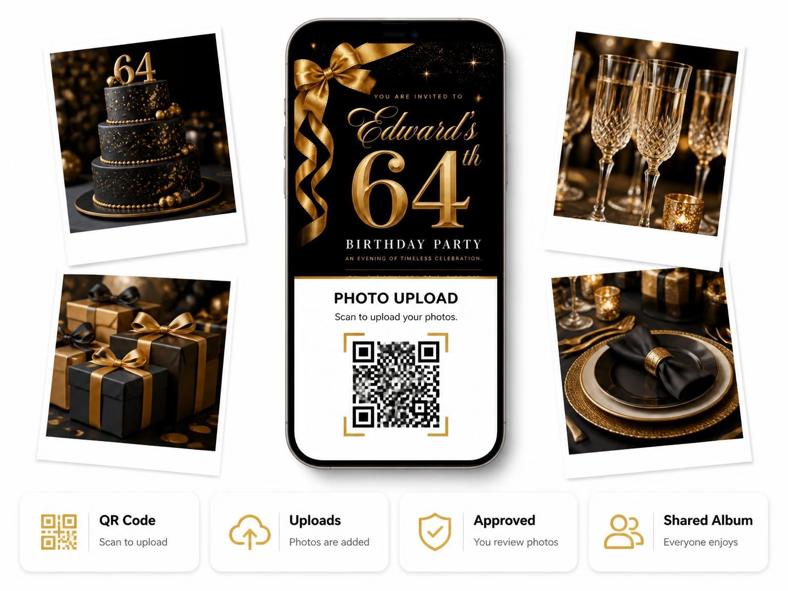 The shared photo gallery that comes with the Black and Gold Ribbon 64th Birthday Invitation invitation