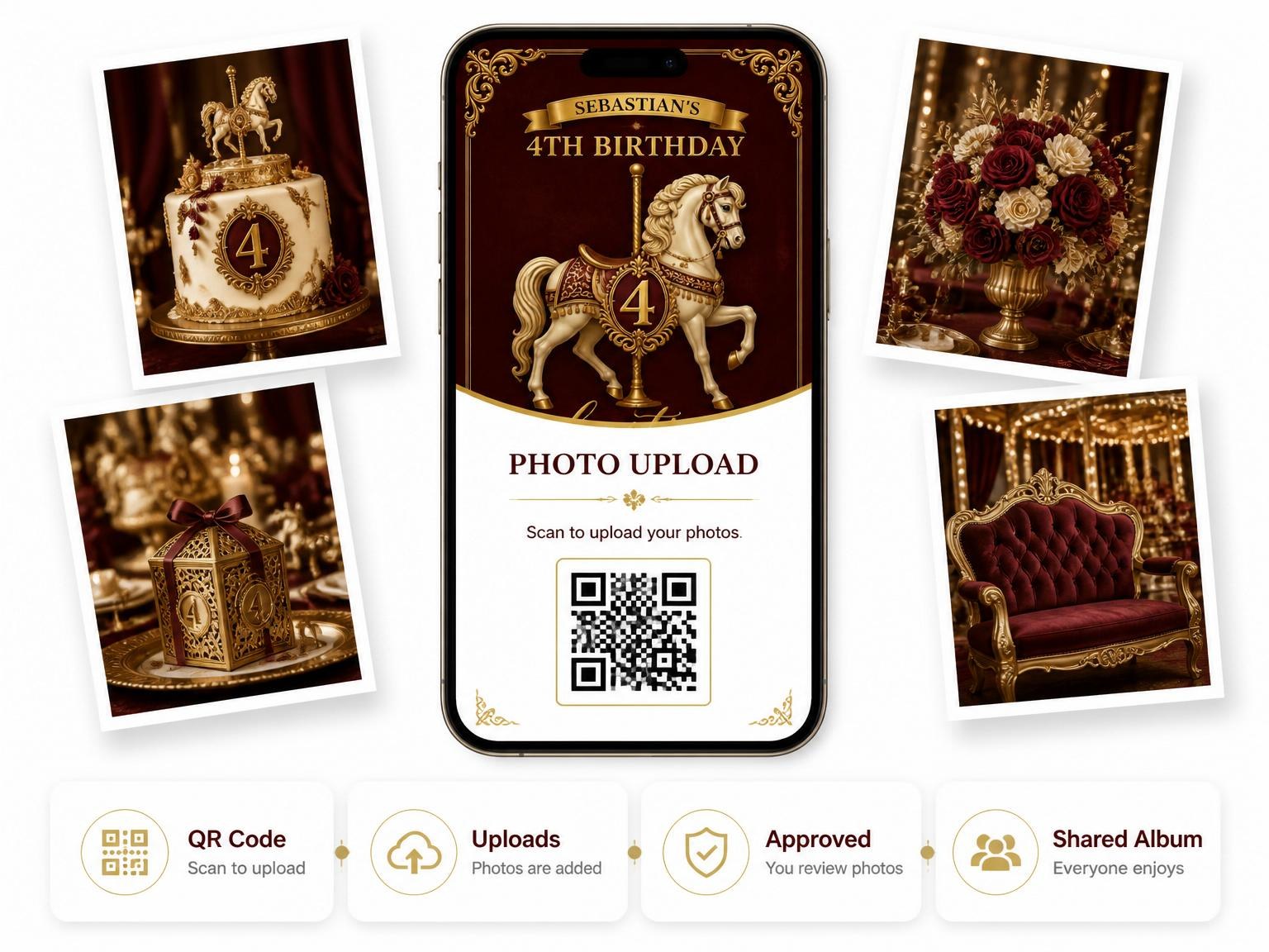 The shared photo gallery that comes with the Burgundy Gold Carousel 4th Birthday Invitation invitation