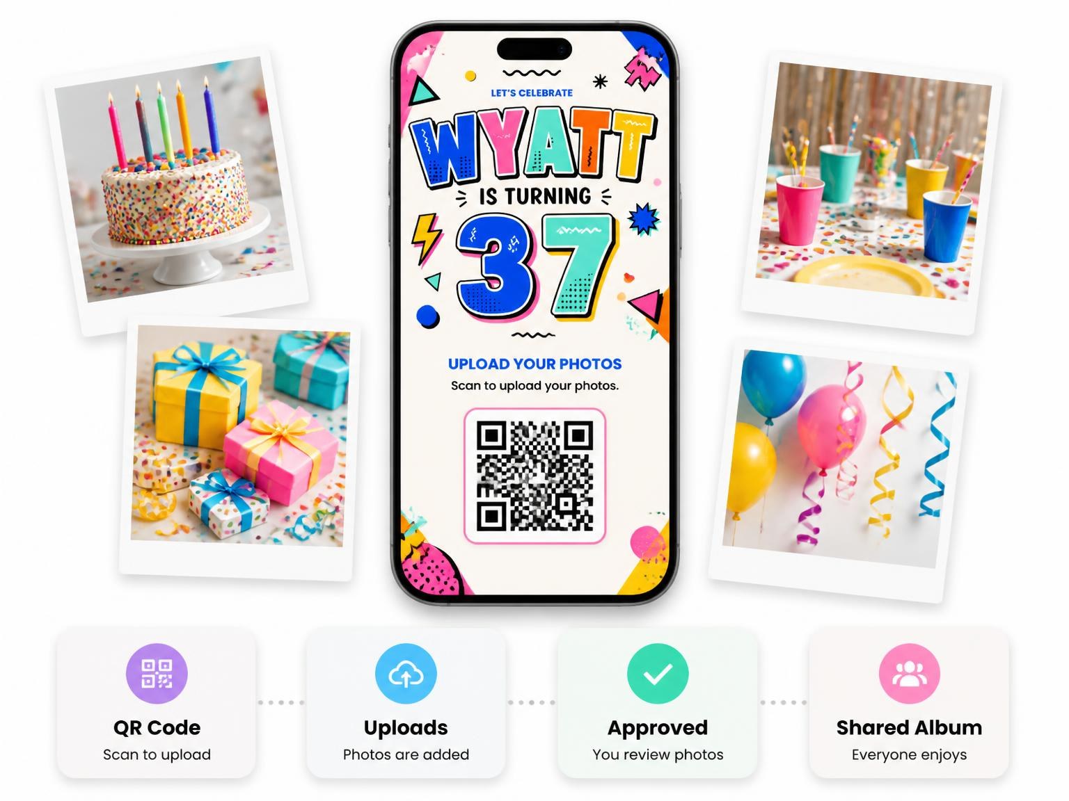 The shared photo gallery that comes with the Memphis Pop 37th Birthday Invitation invitation
