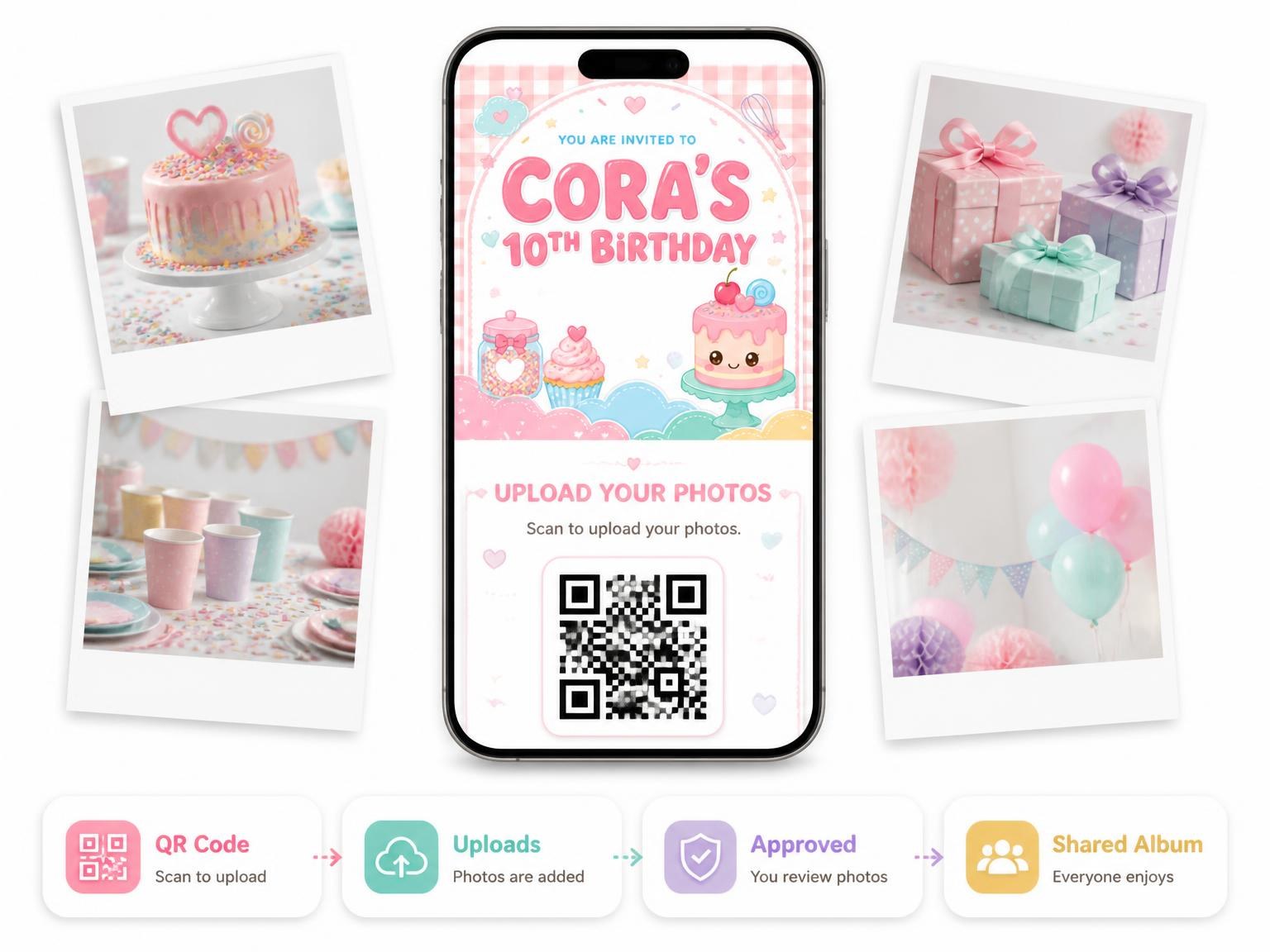 The shared photo gallery that comes with the Pastel Cake 10th Birthday Invitation invitation