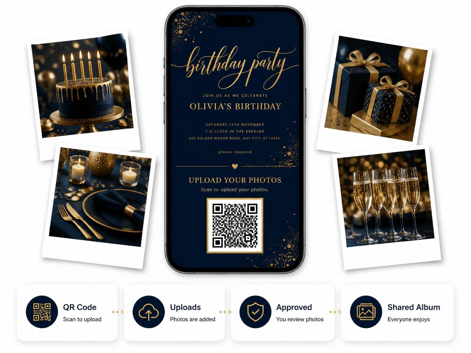 The shared photo gallery that comes with the Midnight Navy and Gold Birthday Invitation invitation