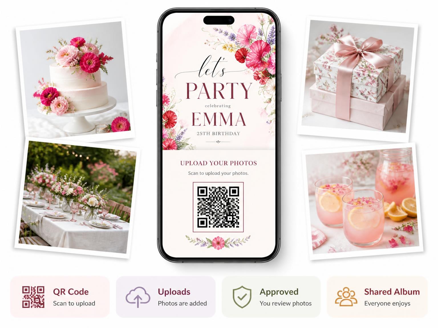 The shared photo gallery that comes with the Scarlet Floral Bouquet 25th Birthday Invitation invitation