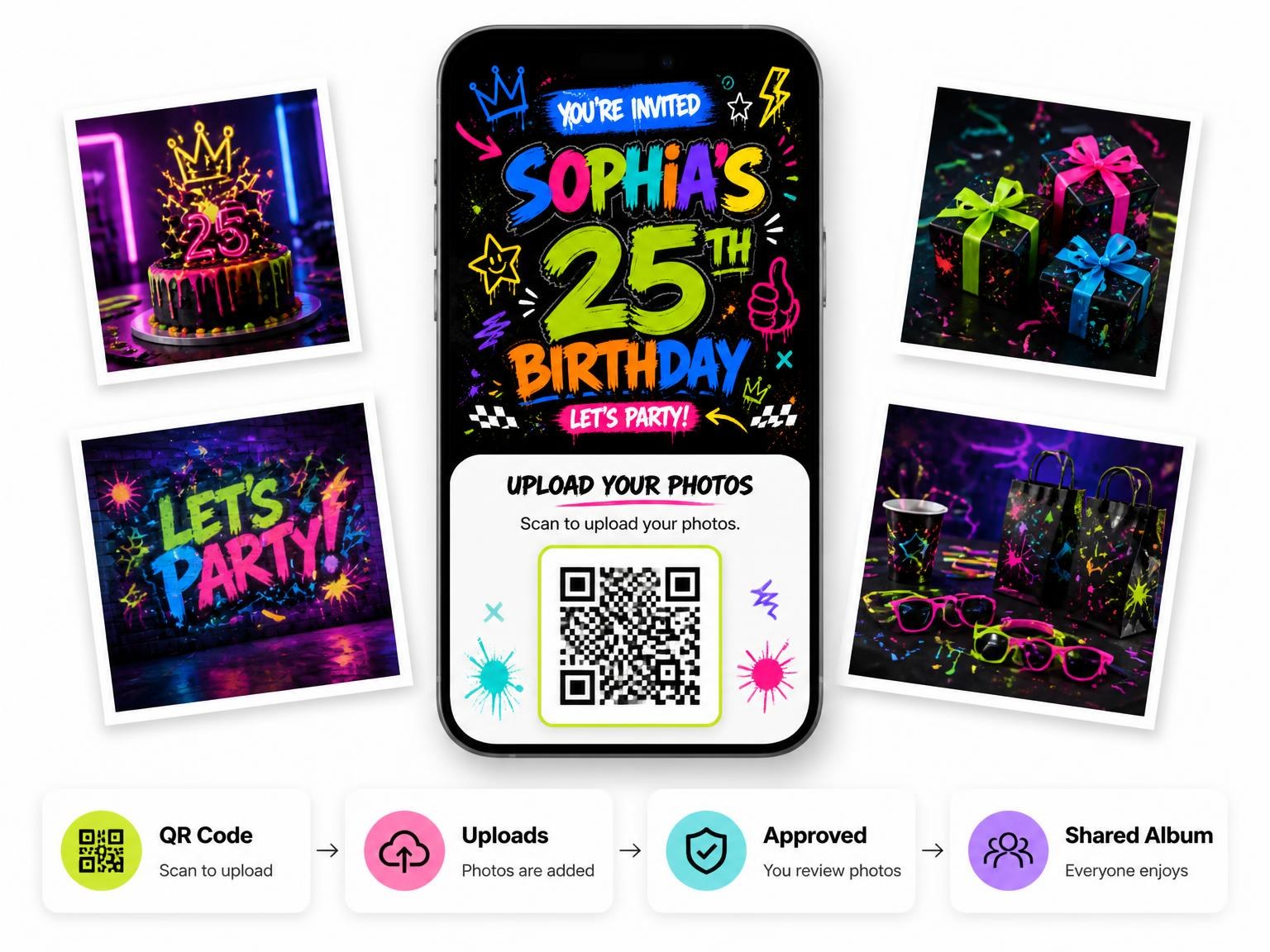 The shared photo gallery that comes with the Graffiti Street Art 25th Birthday Invitation invitation