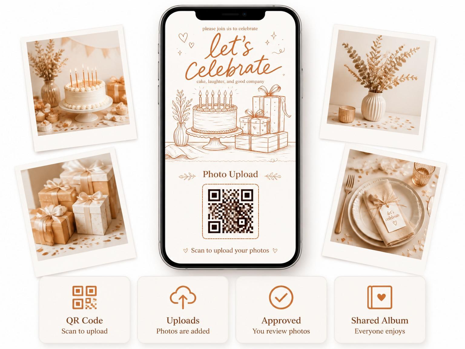 The shared photo gallery that comes with the Terracotta Line-Art 21st Birthday Cake Invitation invitation