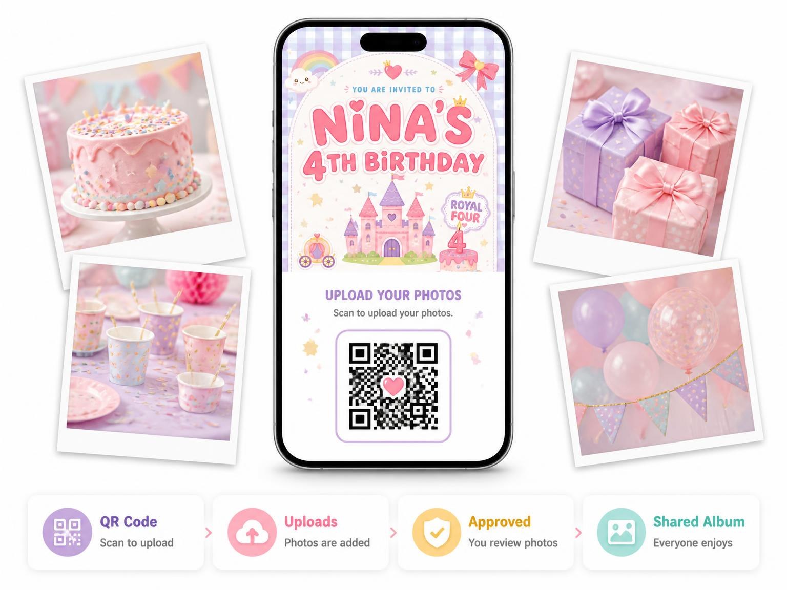 The shared photo gallery that comes with the Fairytale Castle Kawaii 4th Birthday Invitation invitation