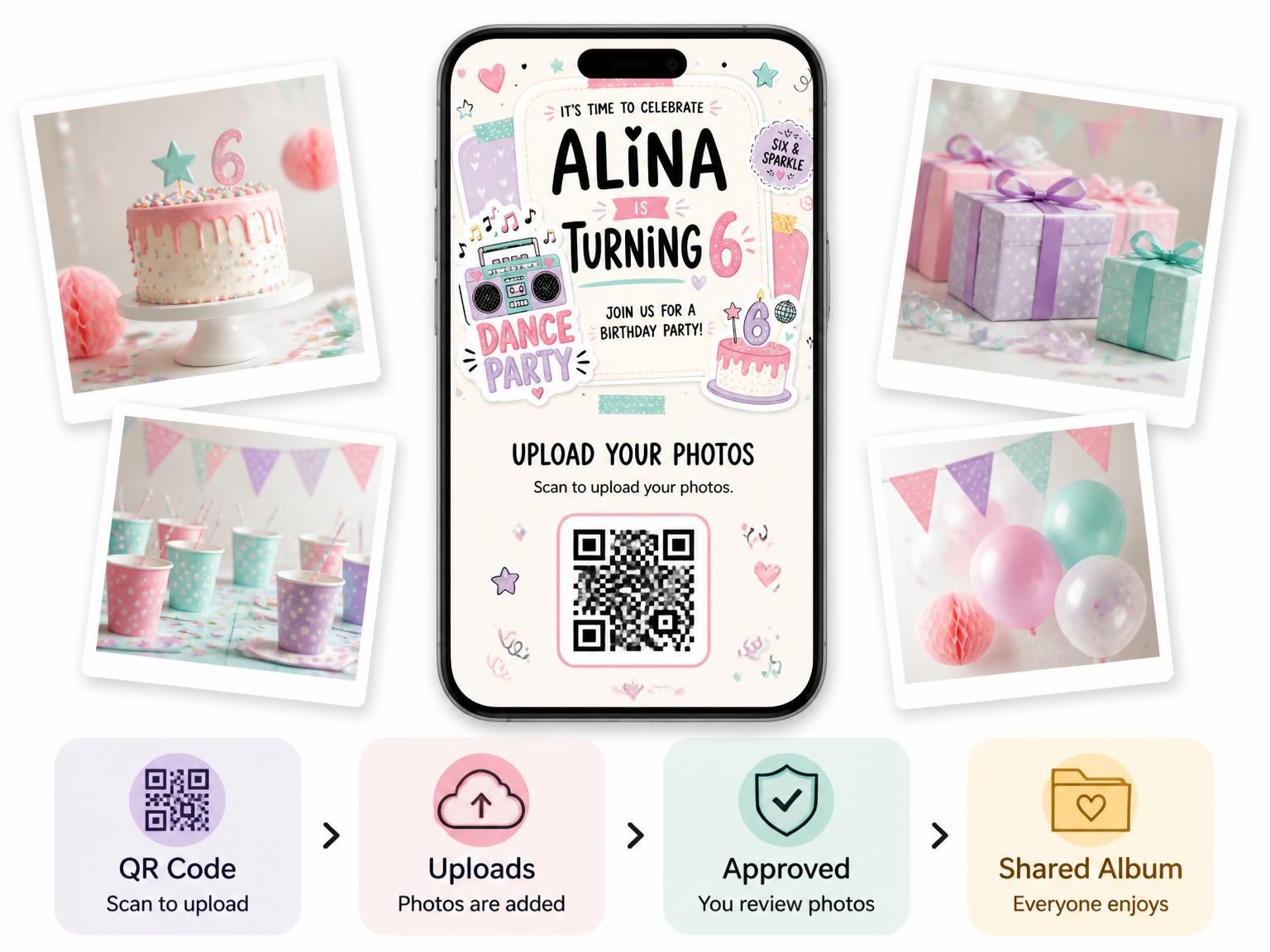 The shared photo gallery that comes with the Cassette Player Pastel 6th Birthday Invitation invitation