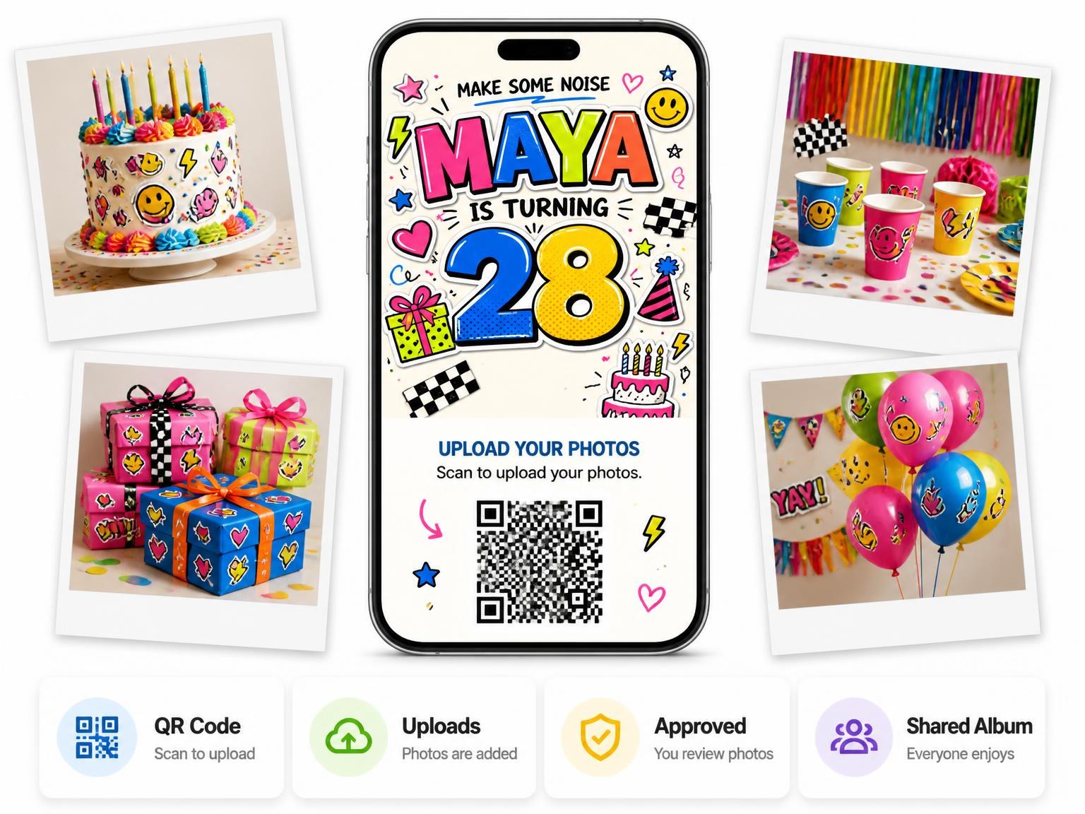 The shared photo gallery that comes with the Sticker Pop 28th Birthday Invitation invitation