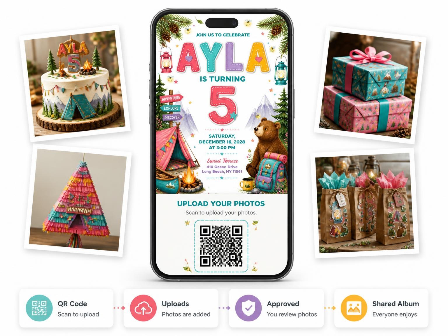 The shared photo gallery that comes with the Stitched Camping 5th Birthday Invitation invitation
